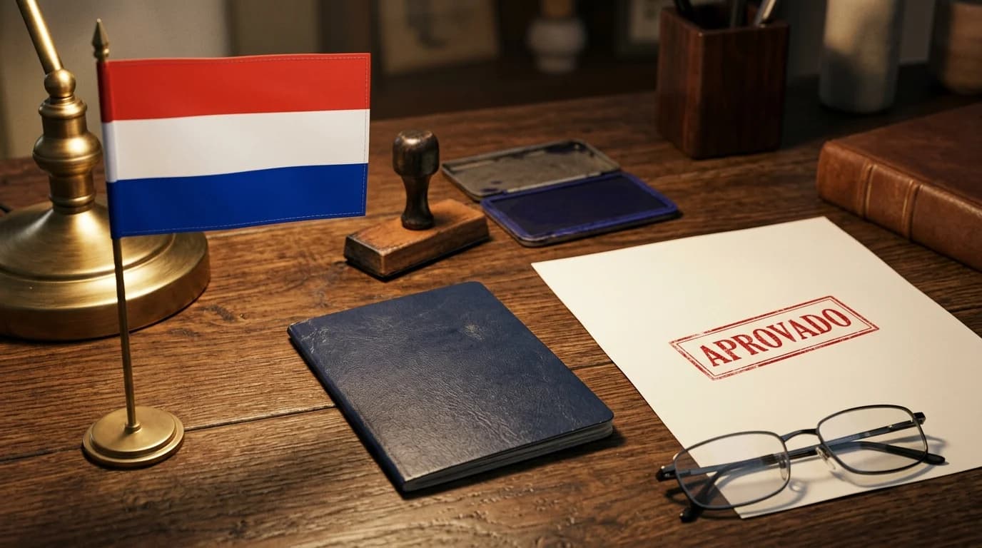 Passaporte fechado ao lado de bandeira de mesa do Paraguai, com carimbo Aprovado em folha sobre a escrivaninha